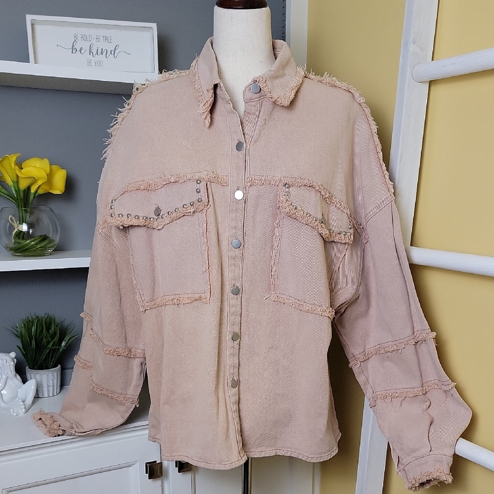 POL Pink Denim Studded Distressed Button-Up Shacket